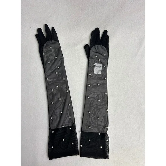 Regencycore Spirit Womens OS Black Sheer Mesh Pearl Embellished Opera‎ Gloves