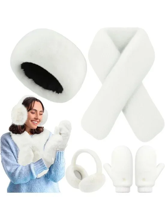 Cozy 4-in-1 Winter Warm Set: Plush Faux Fur Headband, Scarf, Earmuffs & Mittens