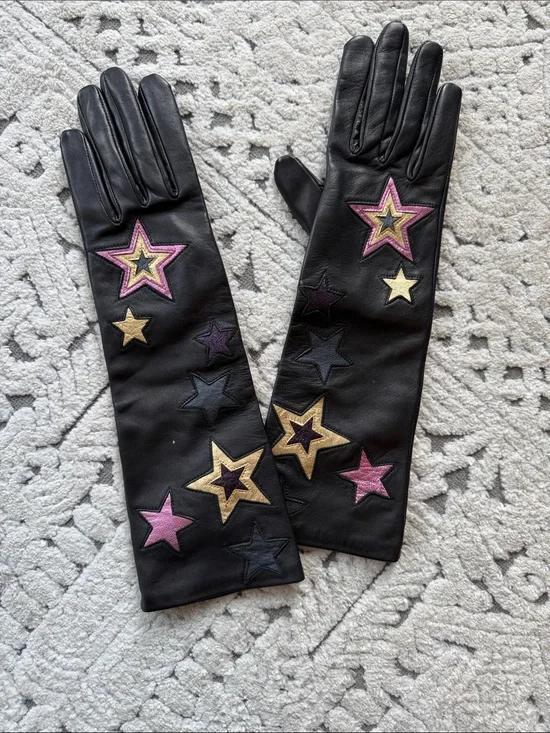 Black Leather Opera Gloves with Pink and Gold Star Appliqués
