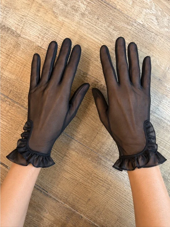 Vintage Fownes Sheer Nylon Black Ruffle Cuff Gloves. Women’s 6/XS USA 50’s 60’s