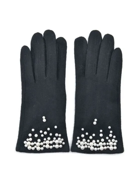 Black Cashmere Blend Fine Knit Faux Pearl Beaded Fleece Lined E Tip Gloves