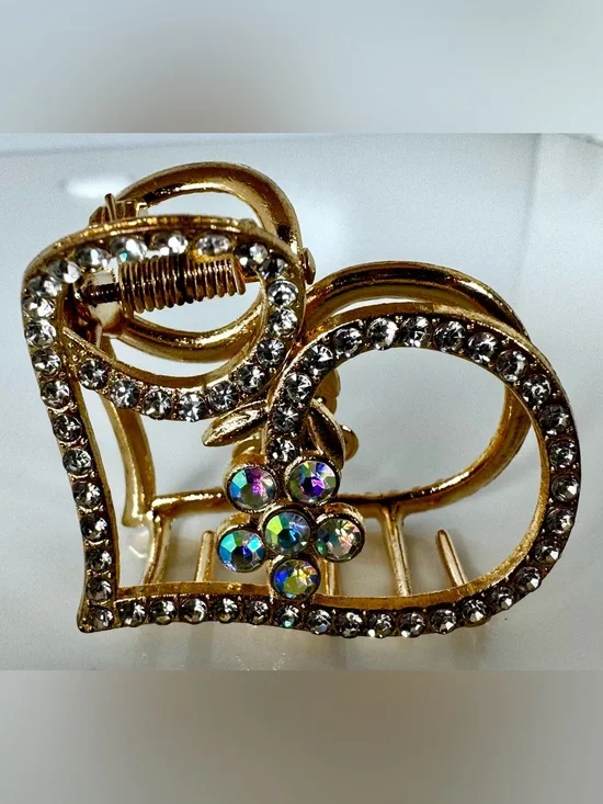 Gold-Tone Heart Shaped Floral Crystal Hair Clip - Iridescent Accent #1204