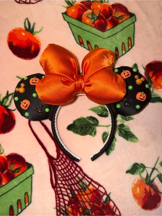 Disney Halloween Minnie Bow Pumpkin Ears Headband Orange Black Green Gems MNSSHP