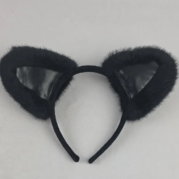 NWOT Black Fur And Leather‎ Cat Ear Headband Cosplay