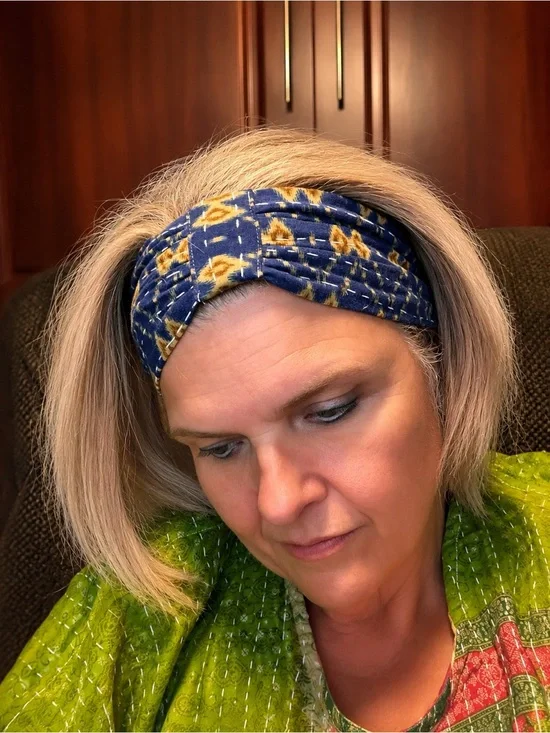 Kantha Navy Printed Twist Headband with Yellow Accents-Made in India