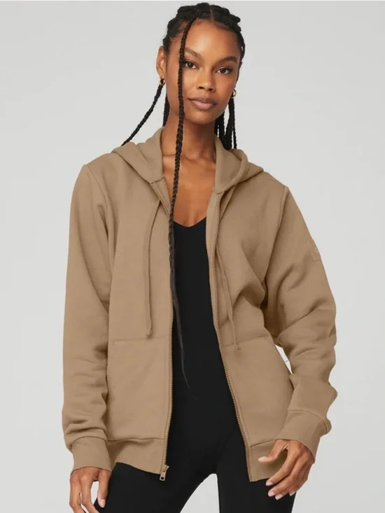 Alo Yoga Everyday Full Zip Hoodie Gravel tan sand M