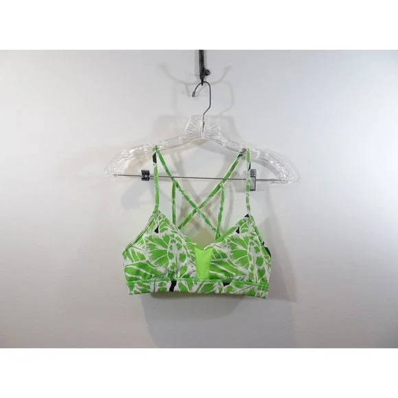 Alo Yoga Womens Strappy Criss Cross Back Tropical Palm Print Sports Bra Green S