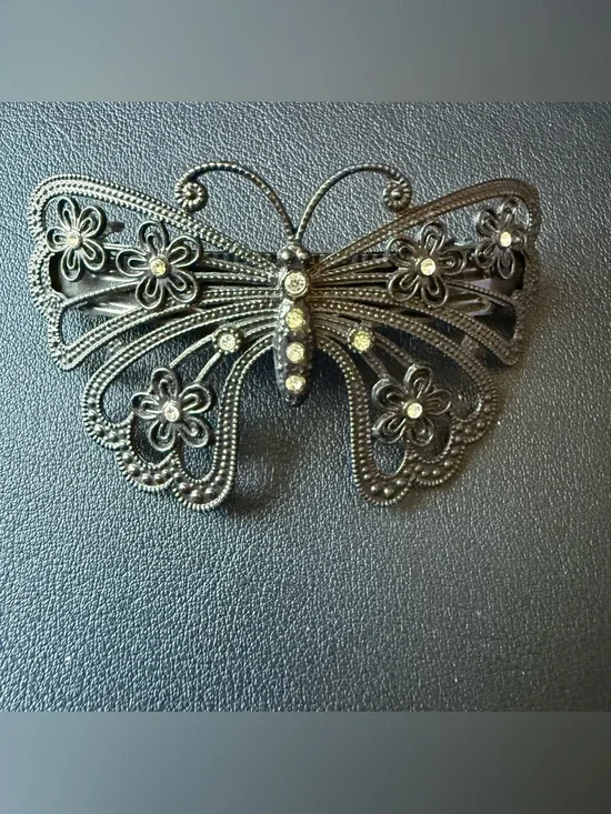 Y2K Silver Pewter Tone Hair Clip Metal Rhinestone Butterfly Floral Clip