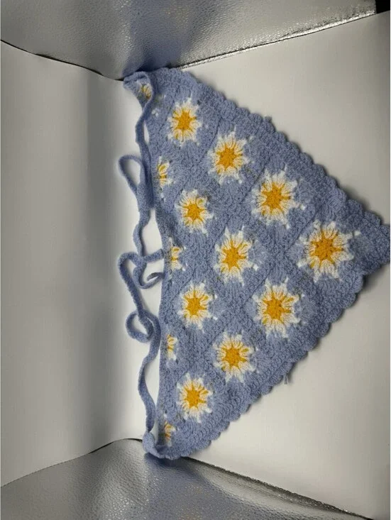 Handmade Crochet Daisy Bandana Blue Floral Hair Scarf Head Kerchief Boho