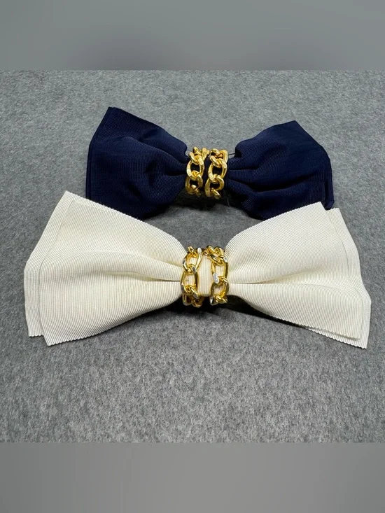 Bow Hair Clips Made In France Ivory Navy Blue Gold Tone Chain- Set Of 2