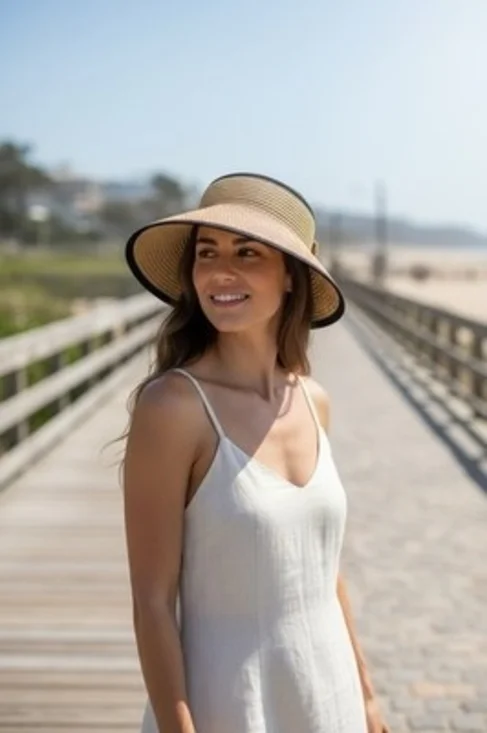 Kallina Straw Visor Sun Hat Wide Brim Packable Tan Black Bow Women's OS VG