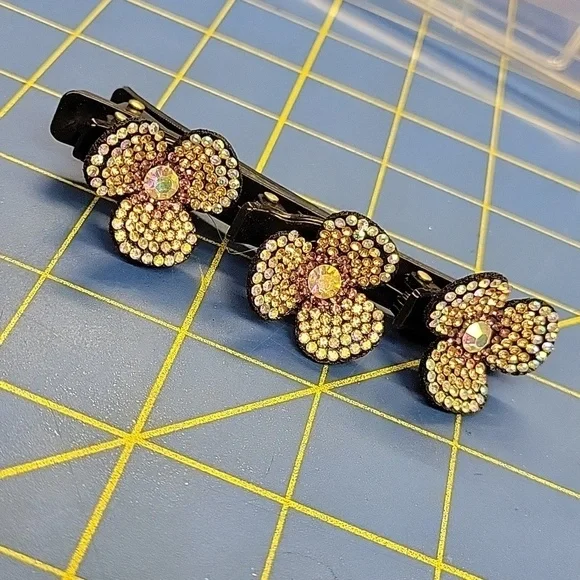Sparkling Rhinestone Flowe Multi-layer Braided Hair Clips w Teeth Black 4