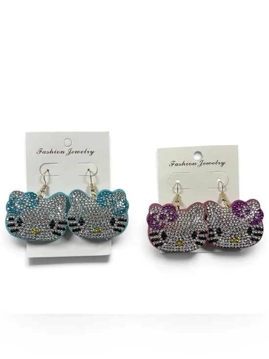 Fashion Jewelry Crystal Hello Kitty Style Dangle Earrings Blue Purple Bling