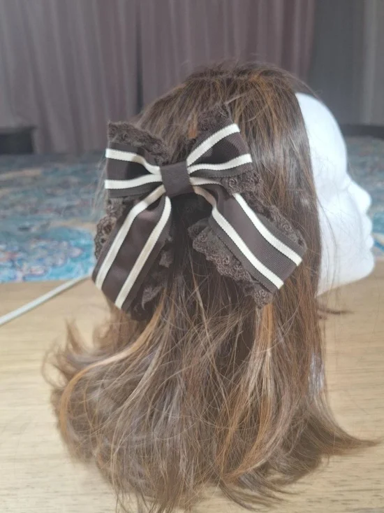 Classic Brown Striped Lace Ribbon Hair Bow Clip
