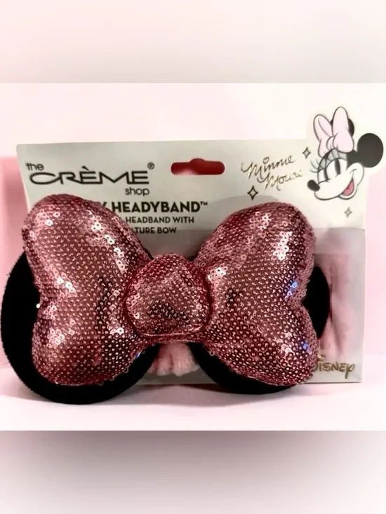 The Crème Shop x Disney Minnie Ear Spa Headband with Pink Sequin Bow, NIB