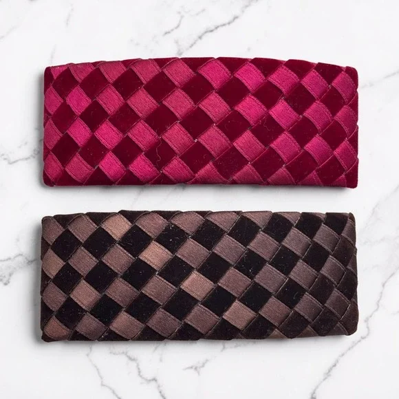 Velvet Satin Woven‎ Intrecciato-Inspired Hair Clips Barrettes Set of 2 Red Brown