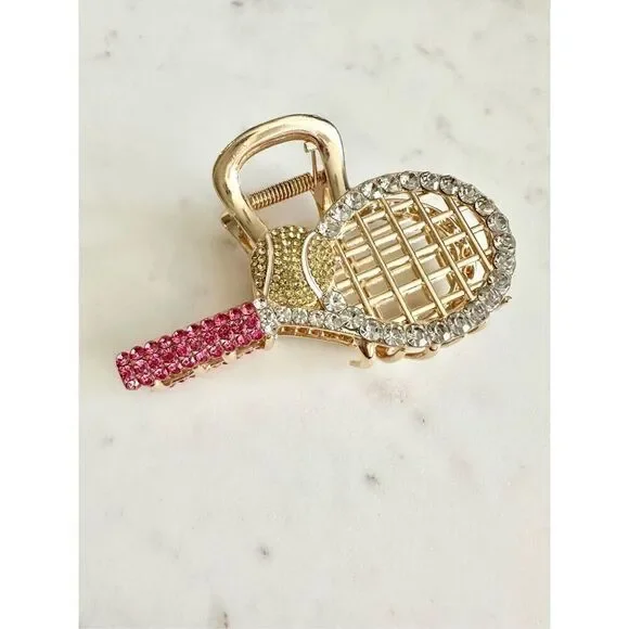 Rhinestone tennis racket and ball metal hair clip ￼