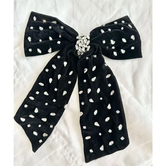 Black Velvet Rhinestone Bow Hair Barrette | NWT