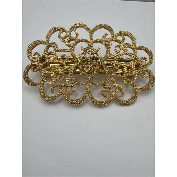 Vintage Gold Tone Filigree Barrette Hair Clip Scrollwork Design Ornate Textured