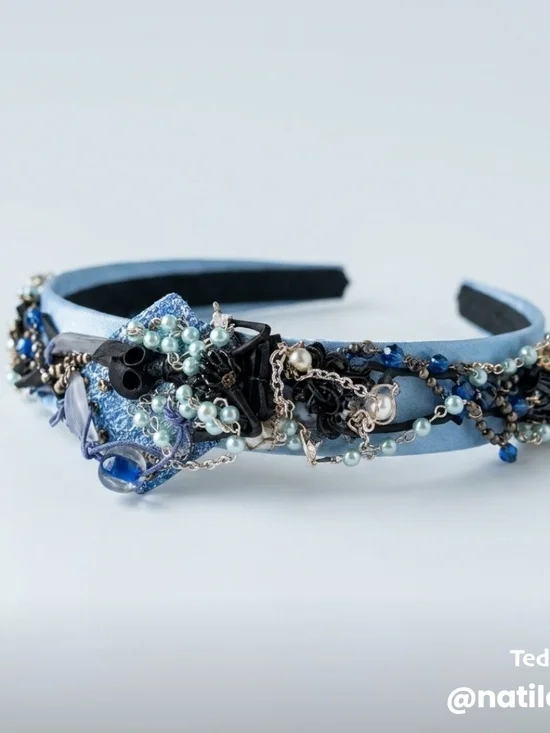 Handcrafted Blue Beaded Headband with Black Skeleton, Pearl & Chains