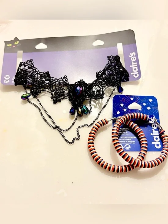 Claire's Black Lace Choker with Iridescent Bead Drops