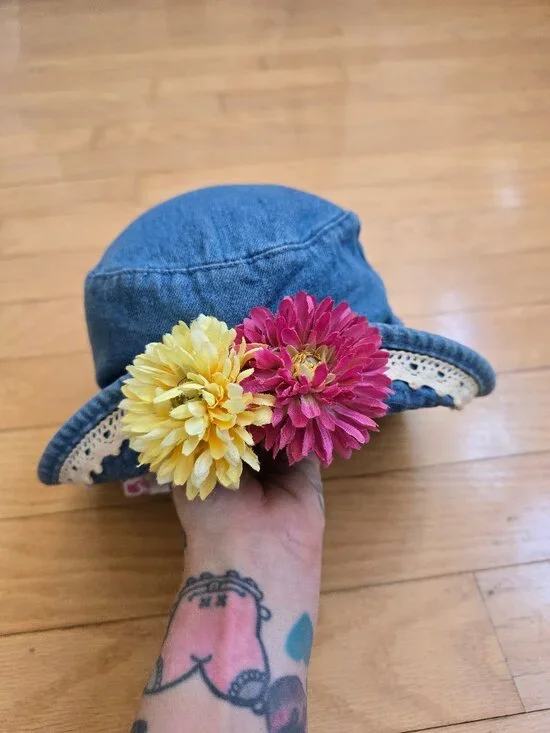 Vintage 90s Blossom Denim Bucket Hat with Crochet Lace & Faux Flowers