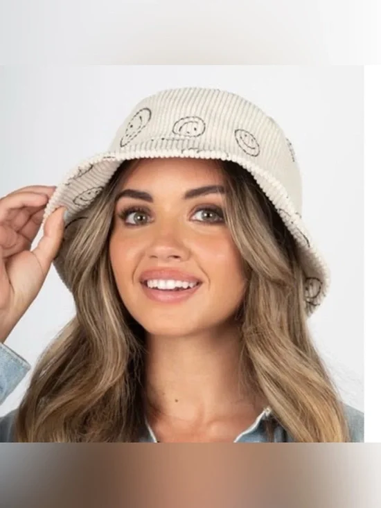 David and Young Cream Corduroy Bucket Hat Black Smileys