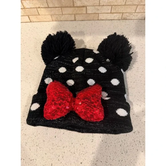 Disney Minnie Mouse Knit Beanie Black White Polka Dot Red Bow