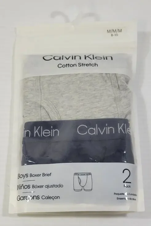 GG) Calvin Klein 2 Pack Cotton Stretch Boys Boxer Briefs Medium 8-10 Navy Gray