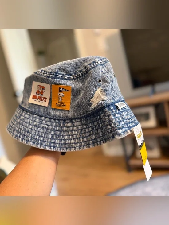 Peanuts Snoopy x Van Pelt Athletic Department Distressed Denim Bucket Hat, NWT!