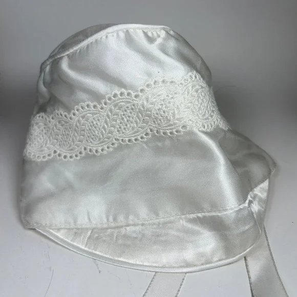 Vintage White Satin Baby Bonnet Lace Trim Ribbon Tie USA Made Large Christening