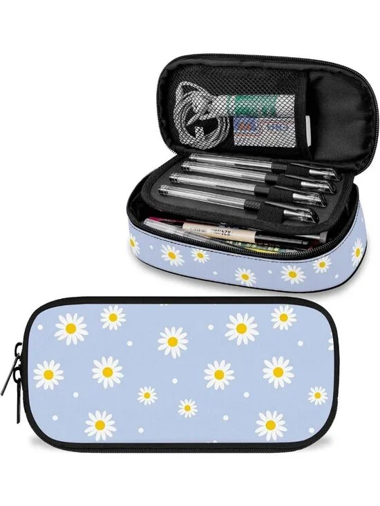 Cute Blue Daisy Flower Large Pencil Case | Stylish Pouch for Kids & Teens