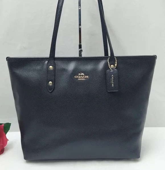 Coach Black Leather Double Handles Zipper Closure Tote Bag