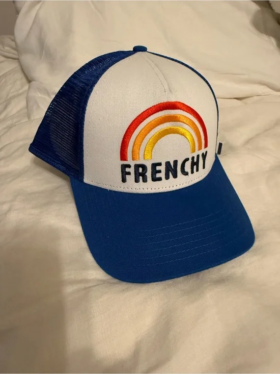 Frenchy Blue and White Trucker Hat with Rainbow Embroidery -