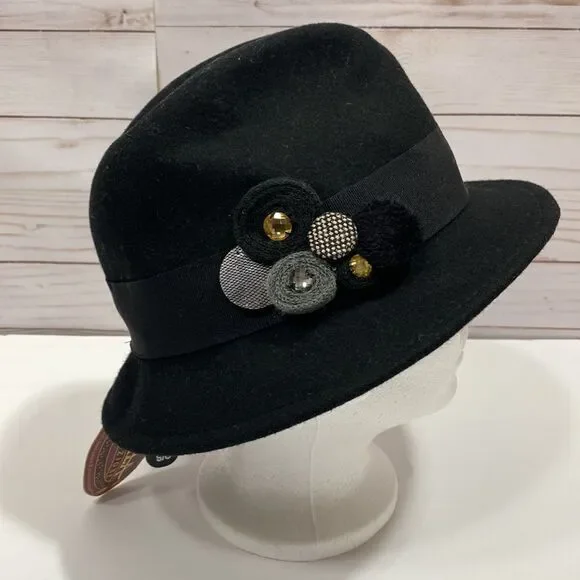 Scala Collezione Black 100% Wool Floral Detail Hat