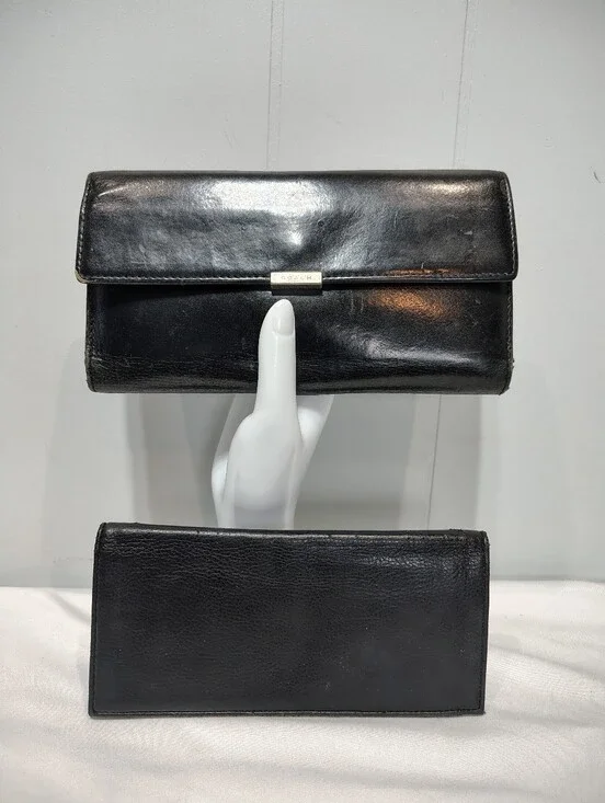 Coach Black Leather Flap Wallet & Checkbook Cover Set Bifold Organizer