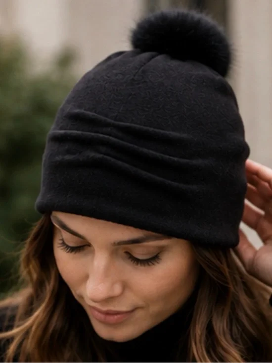 Helene Berman Black Wool Beanie Hat Real Fox Fur Pom Pom Pleated Detail