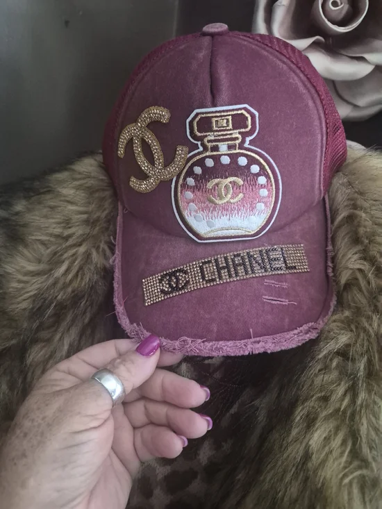 Designer Inspired Maroon Embellished Baseball Cap