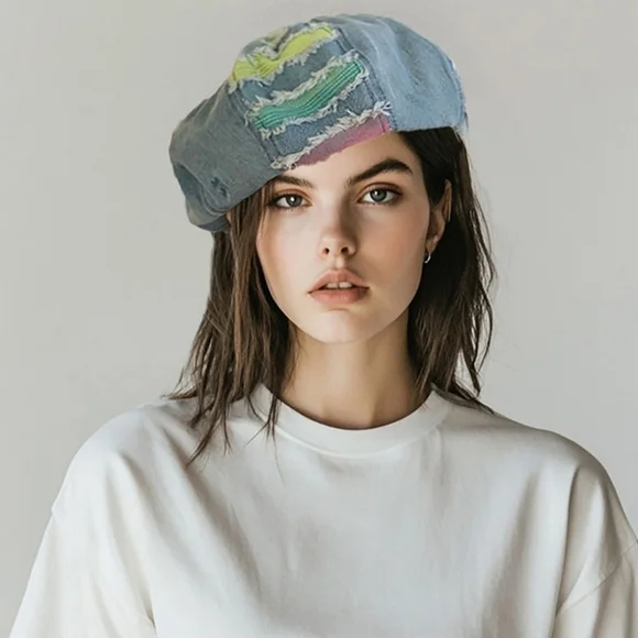NWT Light Denim Patchwork Multi Fringe Beret Boho Stylish Hat