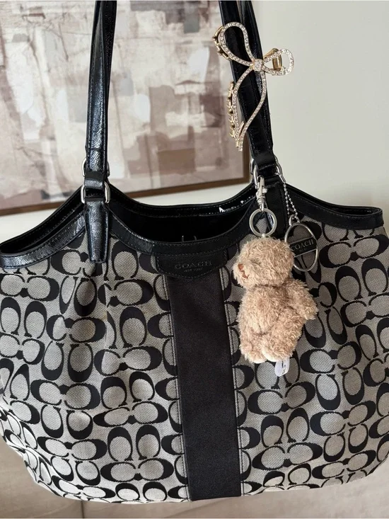 COACH Black Signature Canvas Tote Bag with Charm