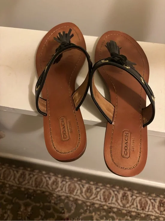 Coach Black Leather Tassel Thong Sandals