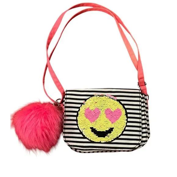 Emojination 2 Emoji Flip Sequins Black White Striped‎ Purse Pink Ball 6
