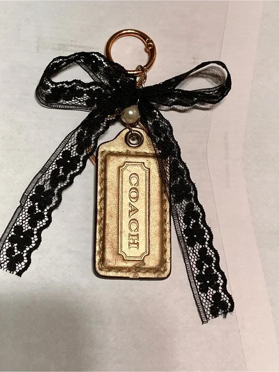 Coach Gold Leather Tag on handmade Keyring with Black Lace Bow