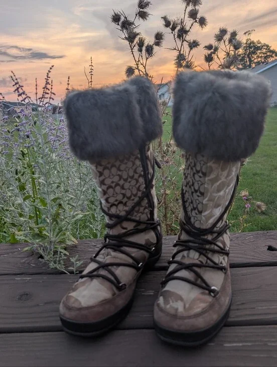 Coach Laurilyn Signature Logo Lace-Up Winter Boots with Gray Shearling Cuffs