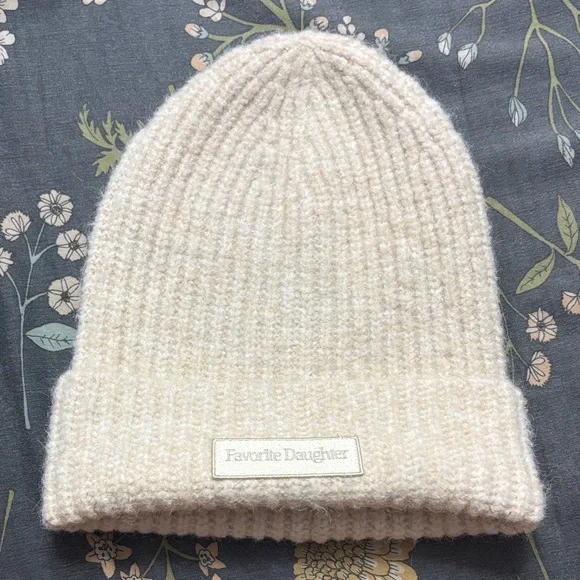 Favorite Daughter Ribbed Knit Logo Patch Winter Wool Beanie in Cream One Size