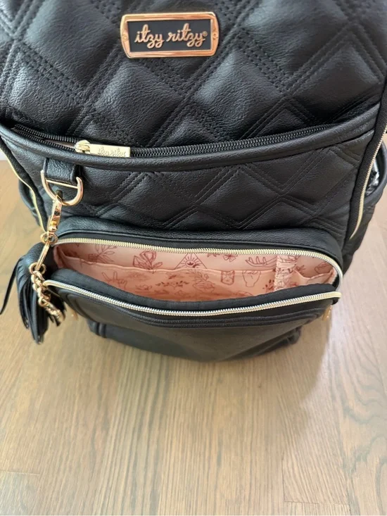 Itzy Ritzy Black Quilted Backpack with Gold Hardware