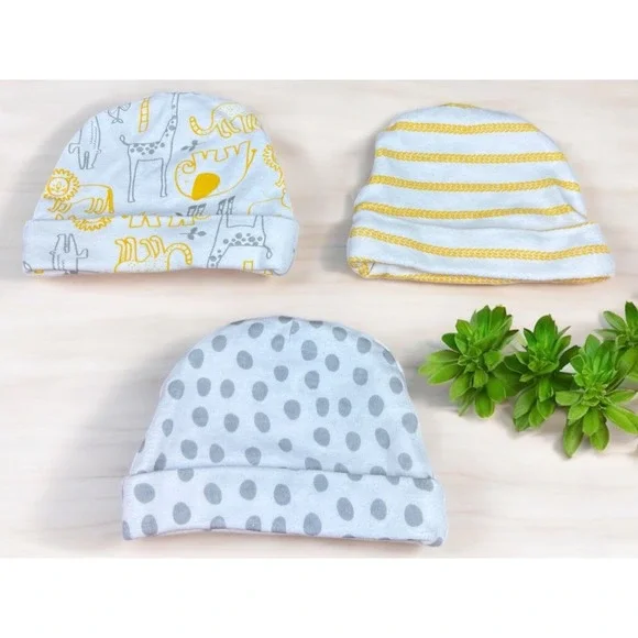 The Peanut Shell Layette Baby Boy 0-3 Month 100%‎ Cotton Cap/Beanie Lot Of 3
