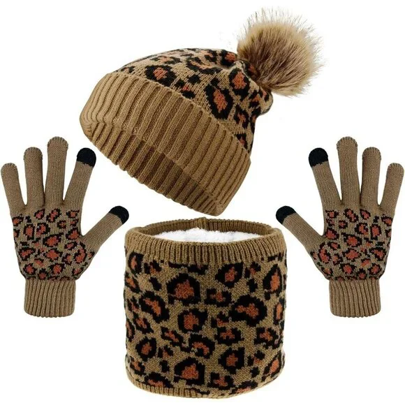 Leopard Print Winter Hat Gloves Scarf Set Womens Teen Warm Plush Acrylic
