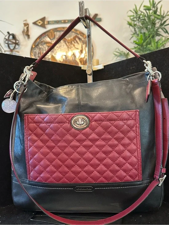 Coach#057 Park Quilted Leather & Suede Gray Black & Burgundy Hobo