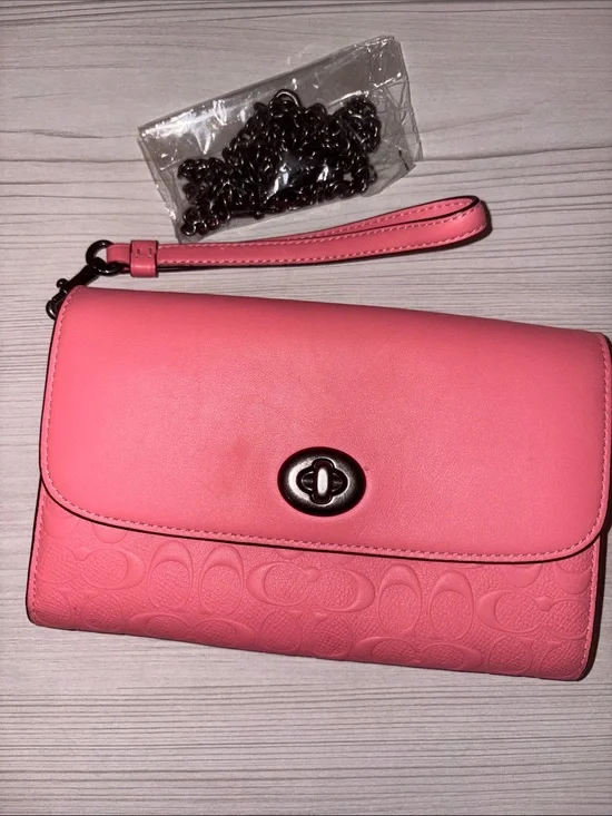 Coach Pink Leather Wristlet Shoulder Bag with Chain